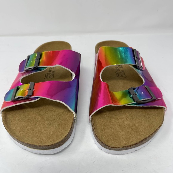 Rosy Pink & Blue Rainbow Ombre Two‎ Buckle Slide Sandal Size 6.5 New Without Box - Picture 2 of 7